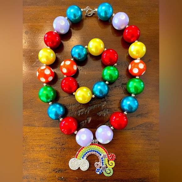 Girls rainbow bead and charm necklace and bracelet set - Picture 1 of 7